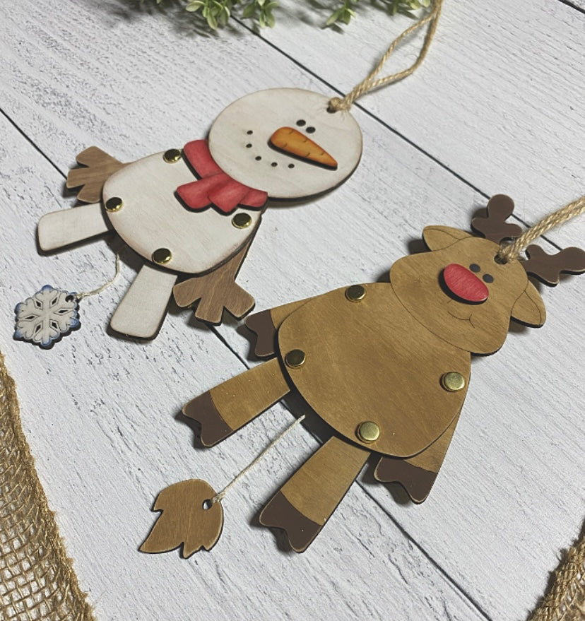 Snowman and Reindeer Wood Puppet Ornament Wood Blank Set of 2