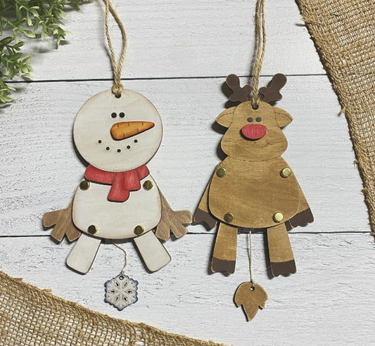 Snowman and Reindeer Wood Puppet Ornament Wood Blank Set of 2