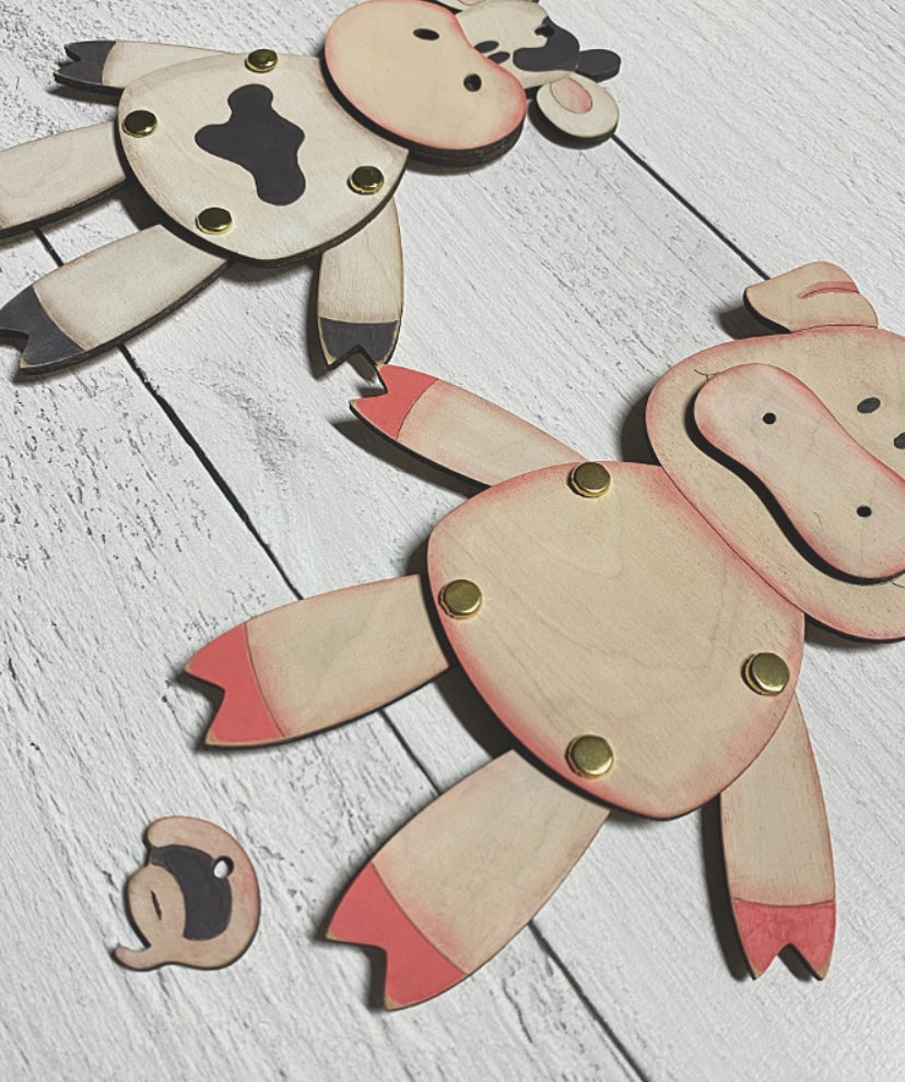 Cow and Pig Wood Puppet Ornament Wood Blank Set of 2