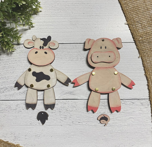 Cow and Pig Wood Puppet Ornament Wood Blank Set of 2