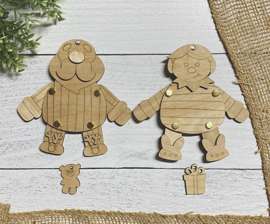 Santa and Elf Wood Puppet Ornament Wood Blank Set of 2