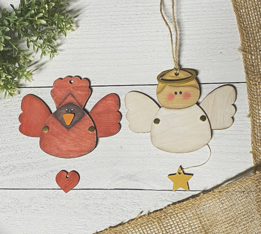 Angel and Cardinal Wood Puppet Ornament Wood Blank Set of 2