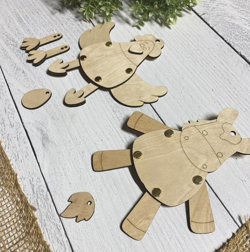 Chicken and Mule/Donkey Wood Puppet Ornament Wood Blank Set of 2