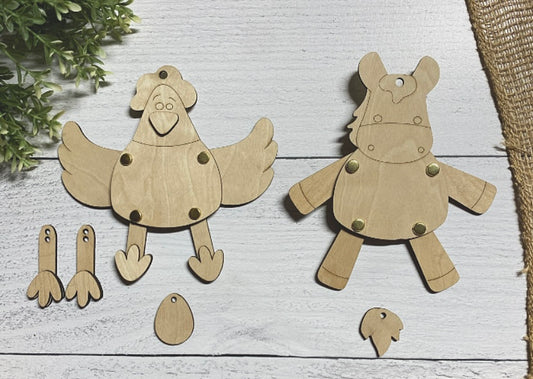 Chicken and Mule/Donkey Wood Puppet Ornament Wood Blank Set of 2