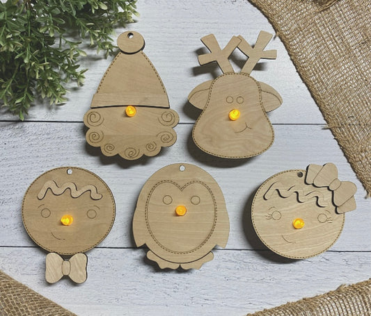 Tea Light 5-piece Wood Blank Set Santa, Reindeer, Gingerbread, Penguin