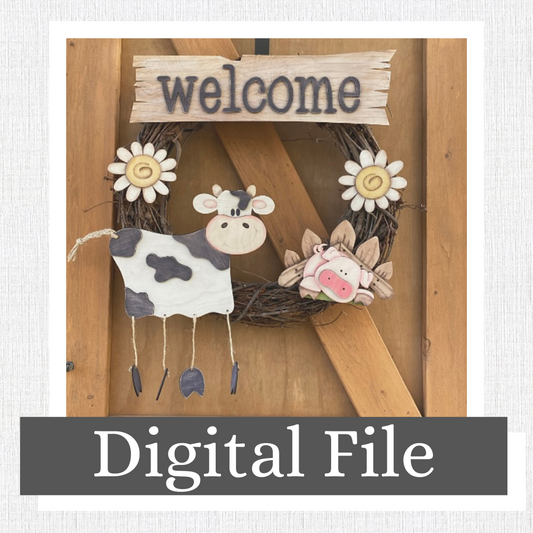 Cow Themed Wreath Doorhanger, Interchangeable, Daisy, Pig, Welcome, Dangle legs, Fence, Grapevine, Country Decor, Prim Digital SVG File Only