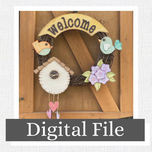Birdhouse Themed Wreath Doorhanger, Interchangeable, Bird, Welcome, Spring, Summer, Grapevine, Country Decor, Prim Digital SVG File Only