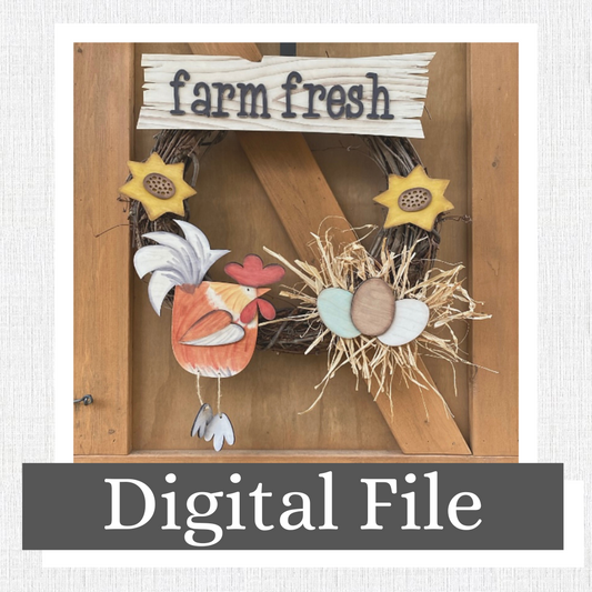 Chicken Themed Wreath Doorhanger, Interchangeable, Sunflower, Rooster, Farm Fresh, Egg, Grapevine, Country Decor, Prim Digital SVG File Only