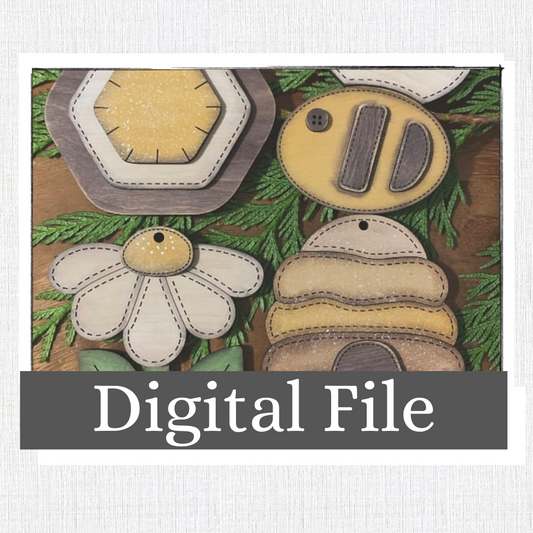 Hand Stitched Looking Bee Ornament Set! Hive, Skep, Flower, Quilt Square