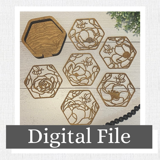 Bee and Flower Coasters, Intricate, Gift Ideas, Non-seasonal, Wood, Craft Show Filler, Farmers Market, Honey, Coffee, Digital SVG File Only