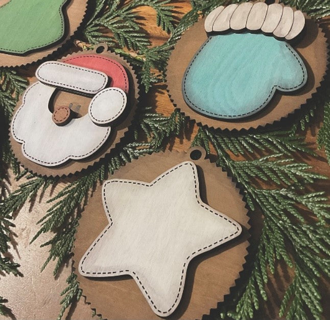 Hand Stitched Looking Santa, Gingerbread, Tree, Star, Mitten Ornament!