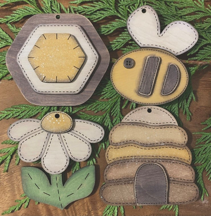 Hand Stitched Looking Bee Ornament Set! Hive, Skep, Flower, Quilt Square