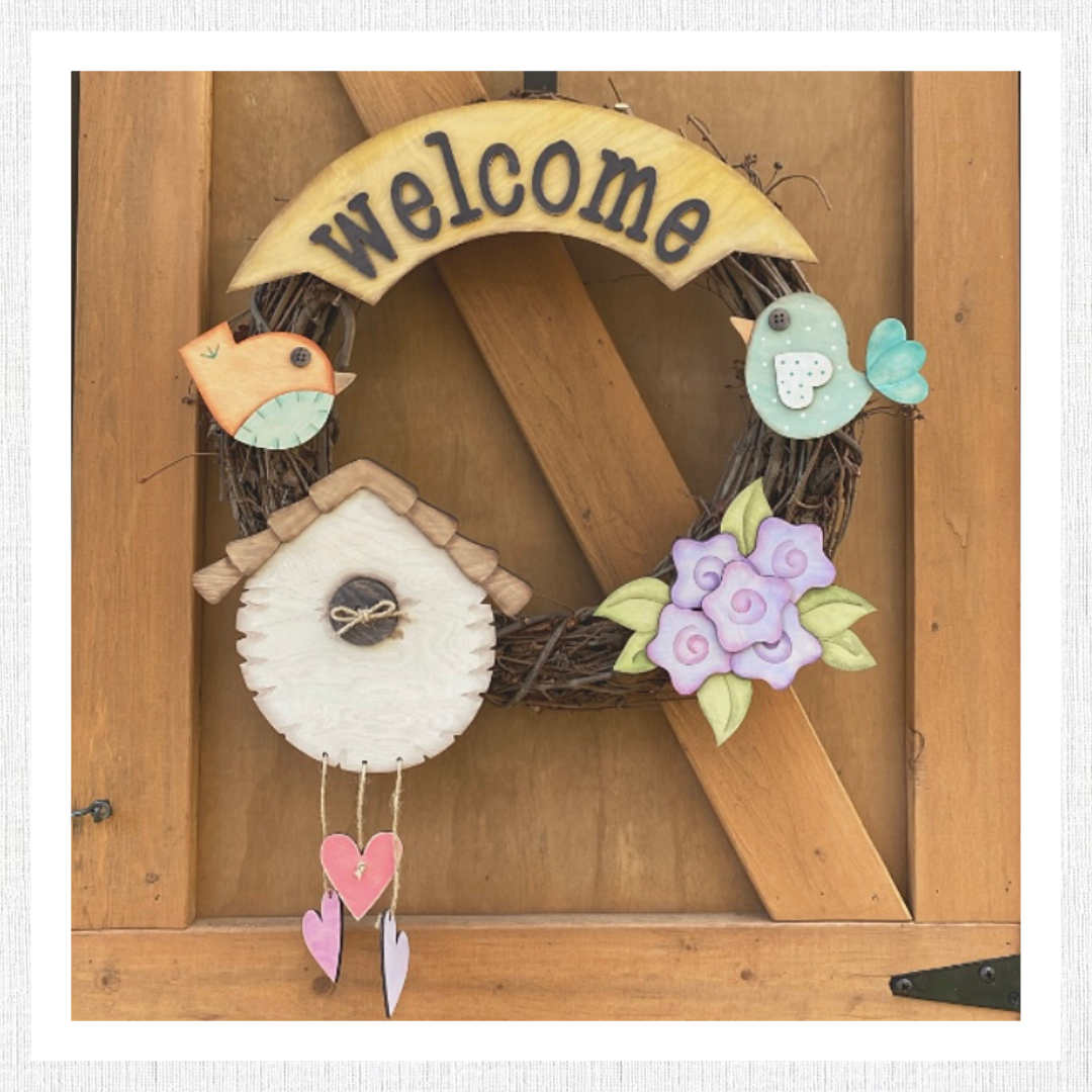 Birdhouse Themed Wreath Doorhanger, Interchangeable, Bird, Welcome, Spring, Summer, Grapevine, Country Decor, Prim Digital SVG File Only