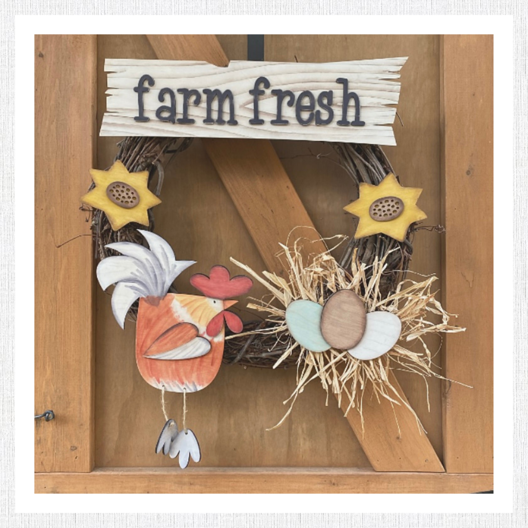 Chicken Themed Wreath Doorhanger, Interchangeable, Sunflower, Rooster, Farm Fresh, Egg, Grapevine, Country Decor, Prim Digital SVG File Only