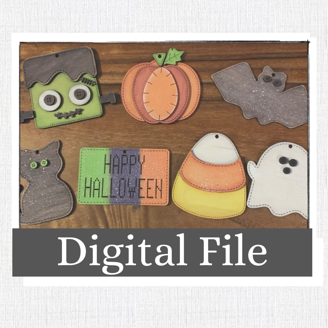 Hand Stitched Looking Ghost, Bat, Candy Corn, Cat, Frankenstein, Happy Halloween Tag