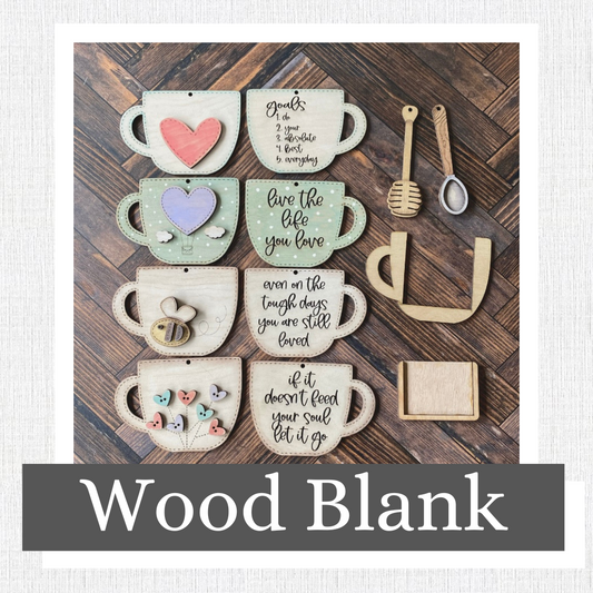 WOOD BLANK Heart, Hot Air Balloon, Bee, Button Flower Mug Set