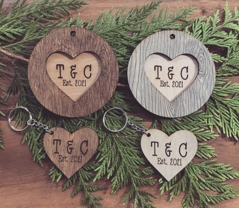Couples Wood Etched Initials Ornament with Keychain