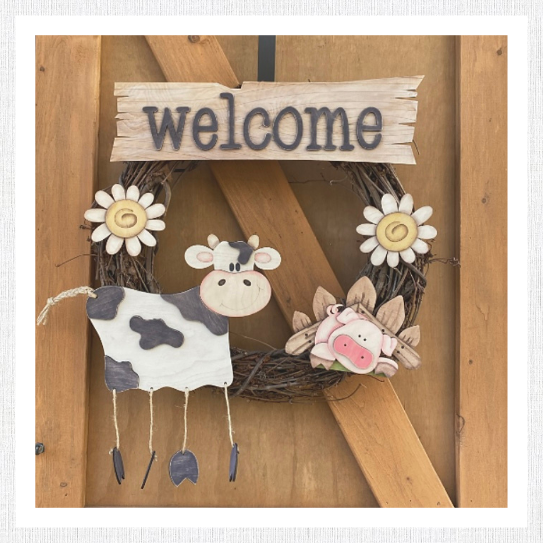 Cow Themed Wreath Doorhanger, Interchangeable, Daisy, Pig, Welcome, Dangle legs, Fence, Grapevine, Country Decor, Prim Digital SVG File Only